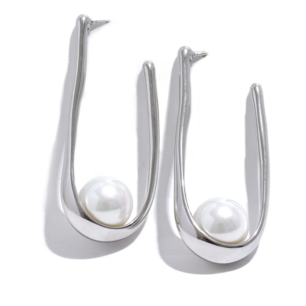 Round modern imitation pearl hoop earrings - product image