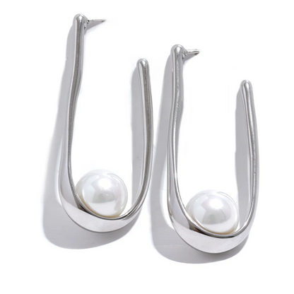 Round modern imitation pearl hoop earrings - product image