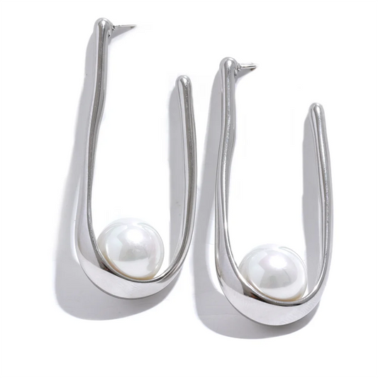 Round modern imitation pearl hoop earrings - product image