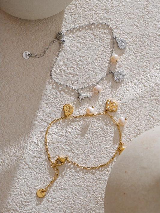 Shell conch dolphin pearls drop charm anklet - product image