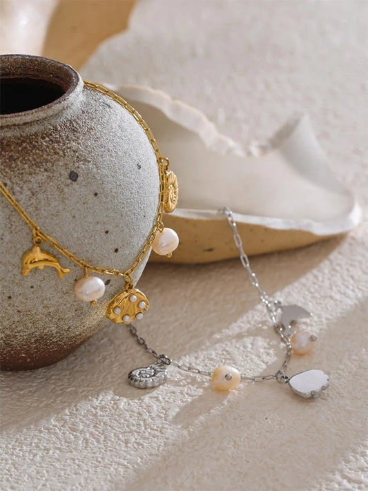 Shell conch dolphin pearls drop charm anklet - product image