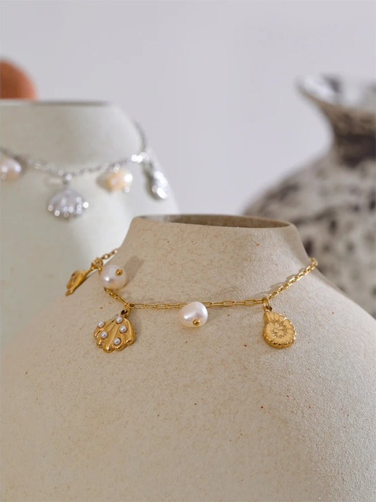 Shell conch dolphin pearls drop charm anklet - product image