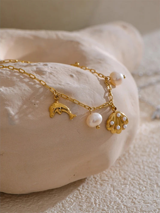 Shell conch dolphin pearls drop charm anklet - product image