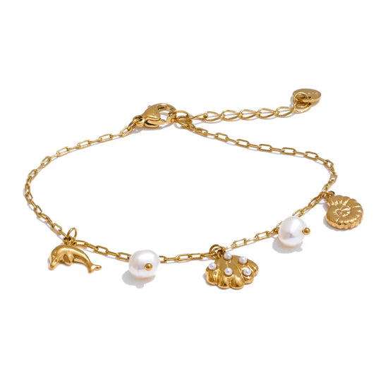 Shell conch dolphin pearls drop charm anklet - product image