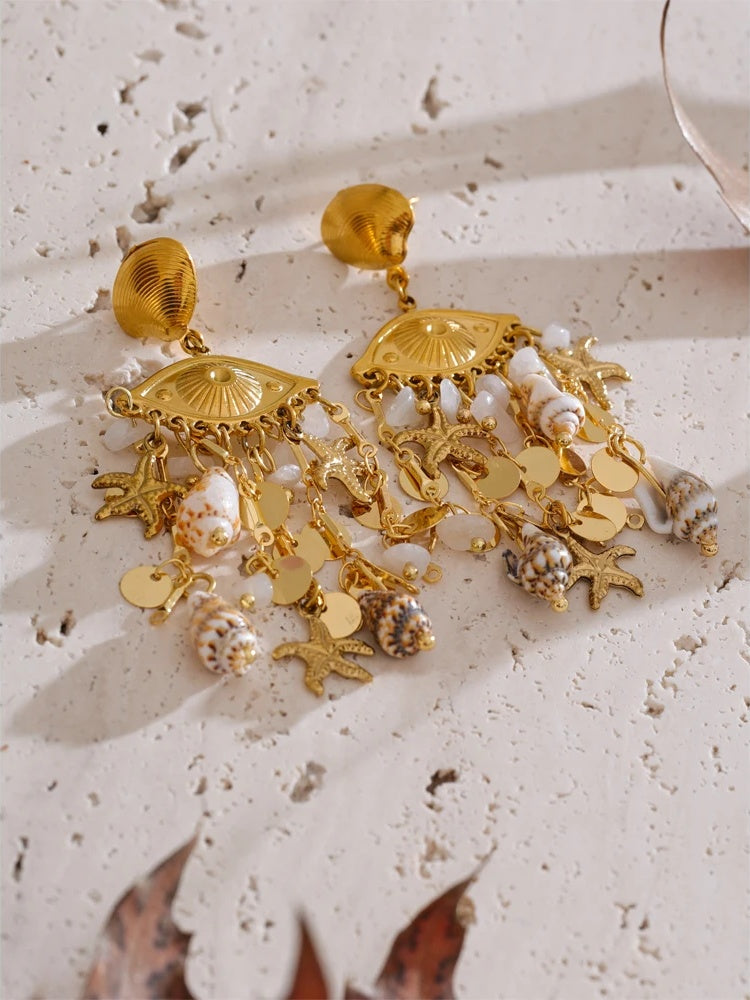 Shell conch starfish dangle summer earrings - product image