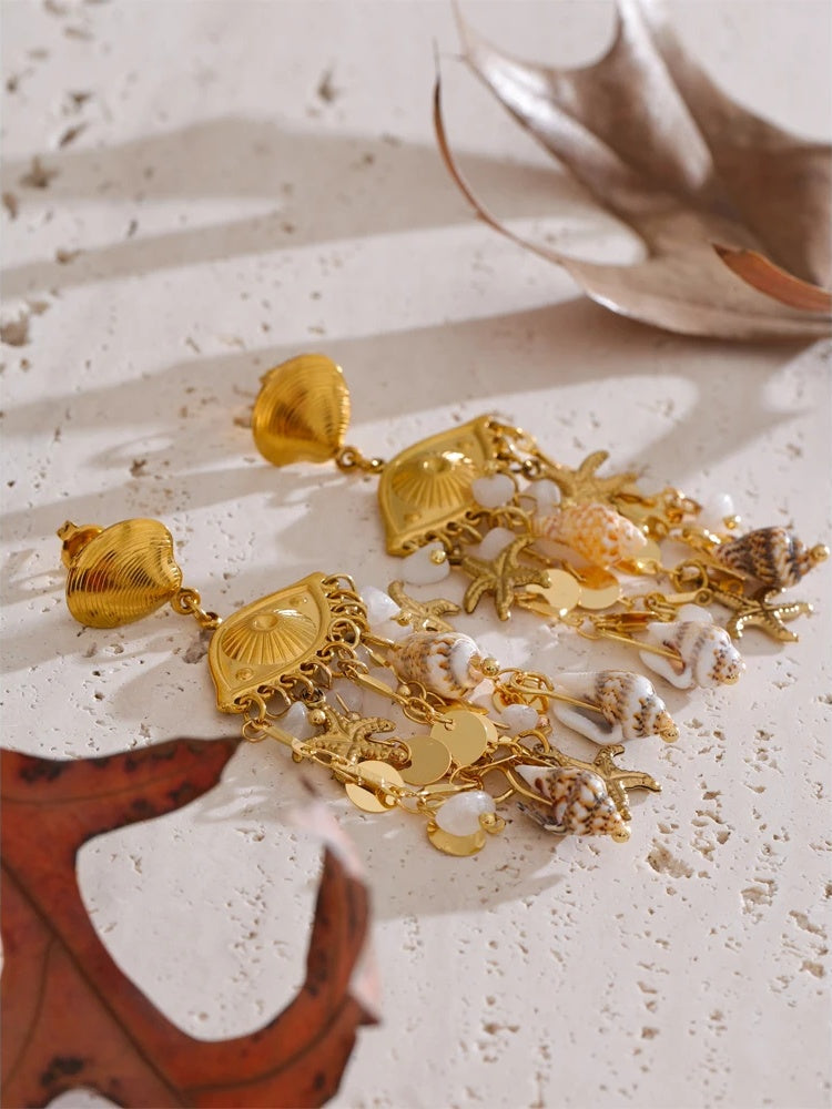 Shell conch starfish dangle summer earrings - product image