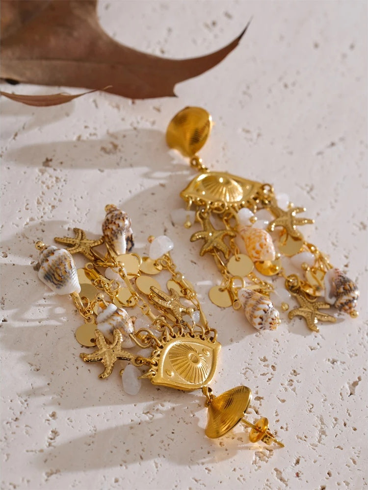 Shell conch starfish dangle summer earrings - product image