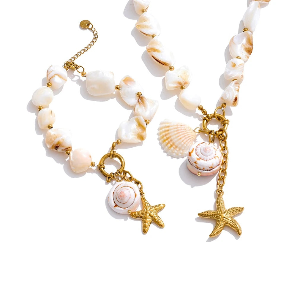Shell conch starfish necklace bracelet set - product image