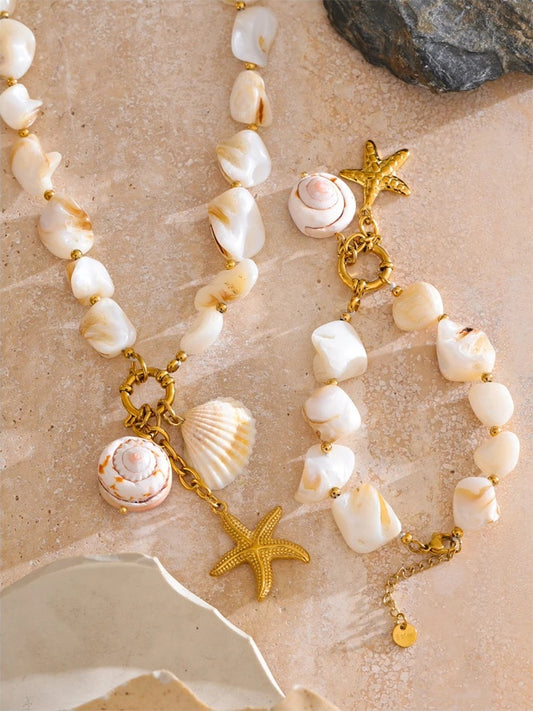 Shell conch starfish necklace bracelet set - product image