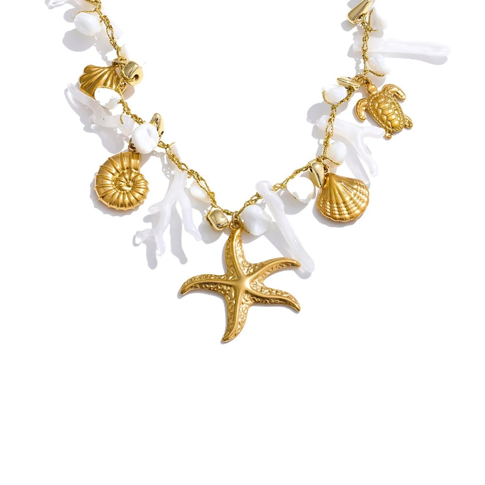 Shell resin chain conch starfish drop necklace - product image