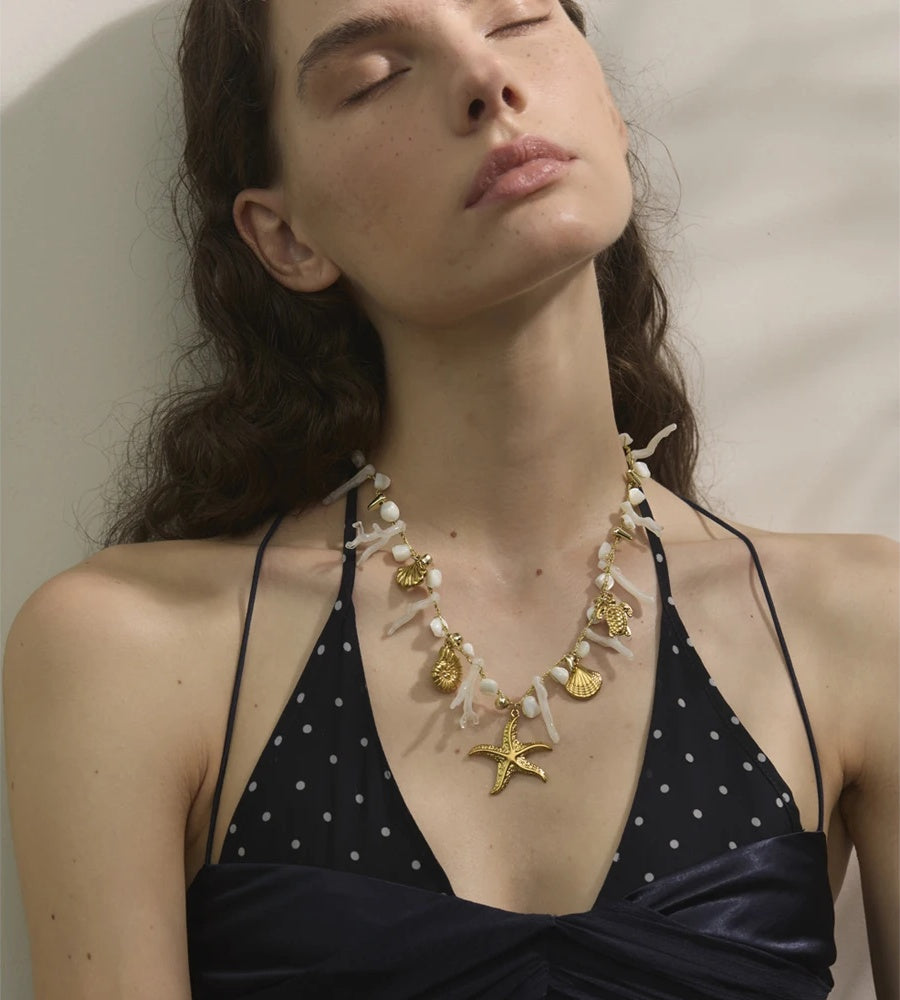 Shell resin chain conch starfish drop necklace - product image