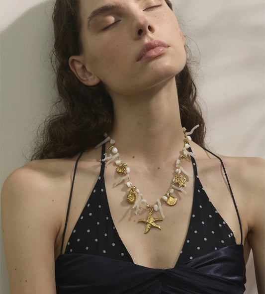 Shell resin chain conch starfish drop necklace - product image