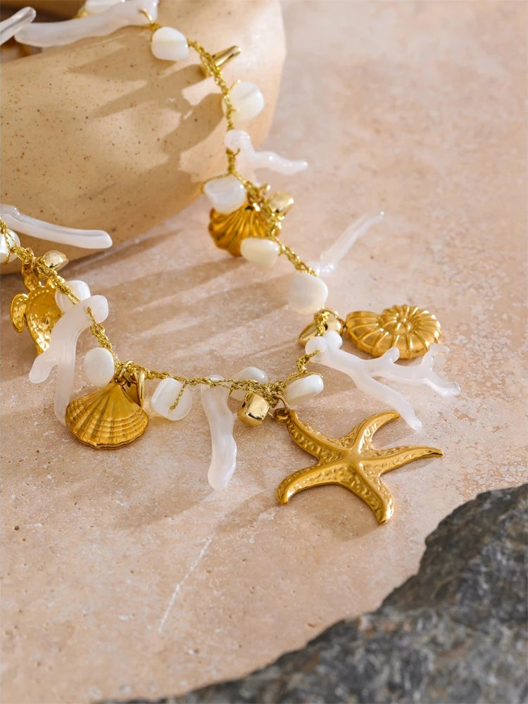Shell resin chain conch starfish drop necklace - product image