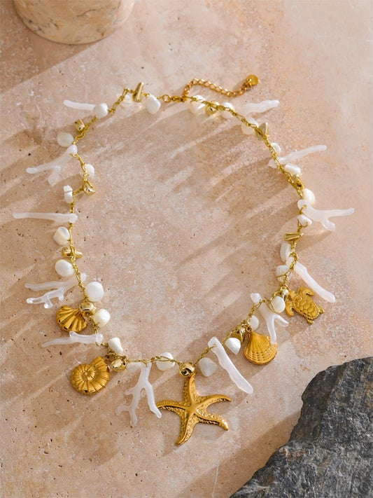 Shell resin chain conch starfish drop necklace - product image