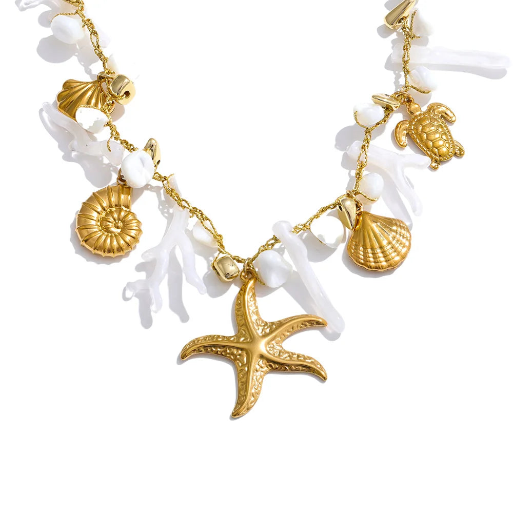 Shell resin chain conch starfish drop necklace - product image