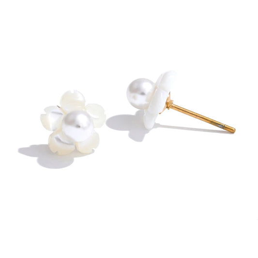 Shell simulated pearls flower stud earrings - product image