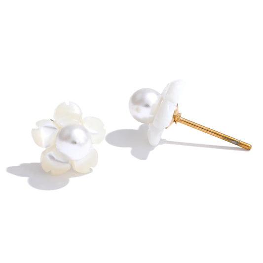 Shell simulated pearls flower stud earrings - product image