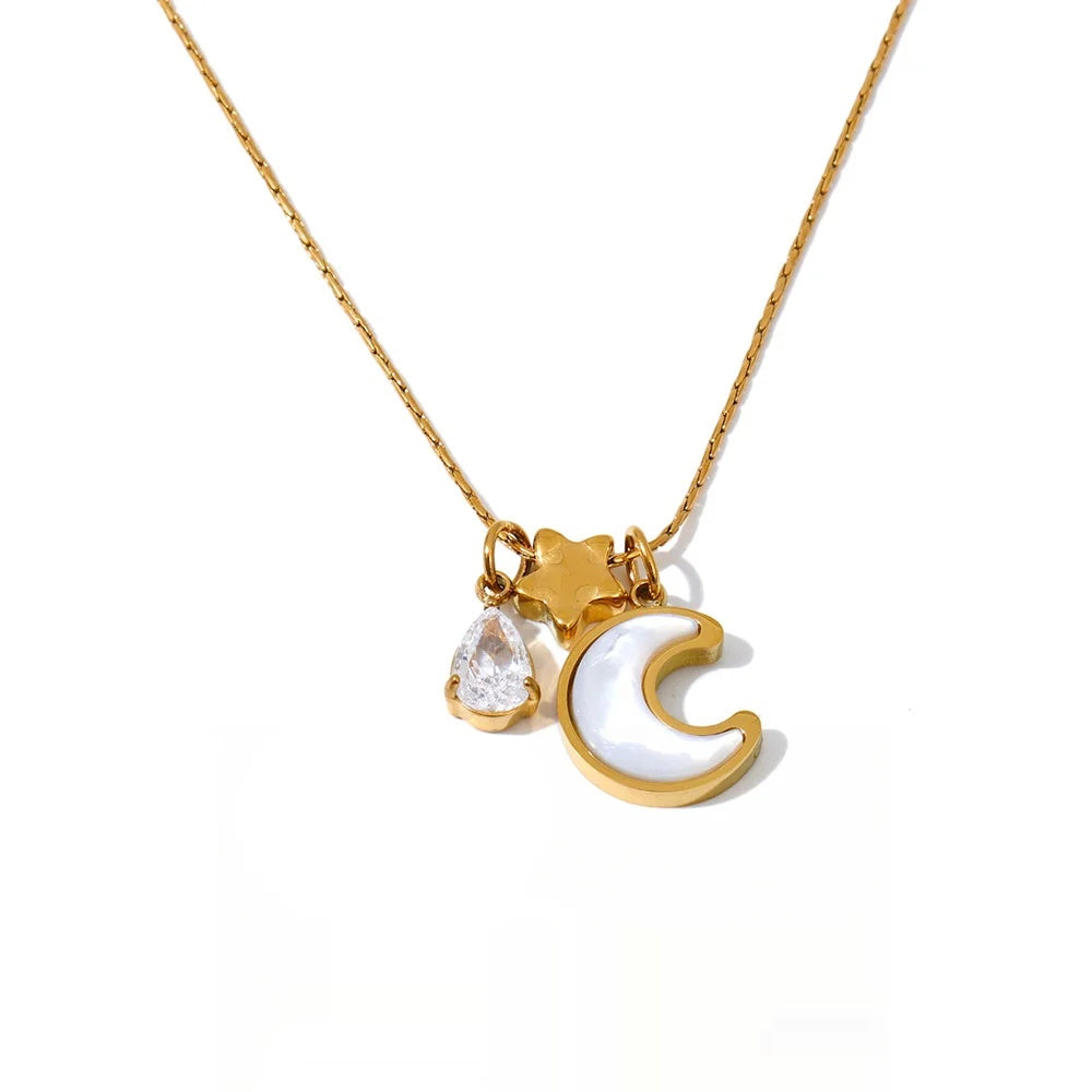 Shell zircon moon star pendant necklace - product image