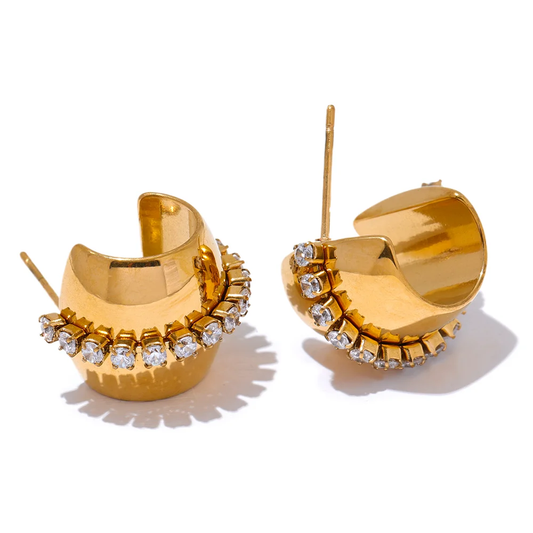 Shiny cubic zirconia c shape huggie earrings - product image
