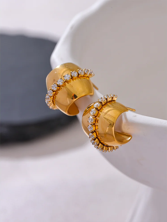 Shiny cubic zirconia c shape huggie earrings - product image