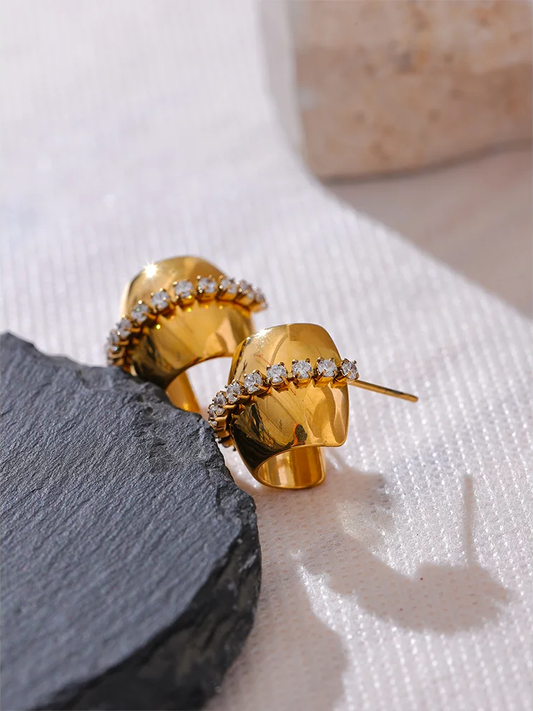 Shiny cubic zirconia c shape huggie earrings - product image