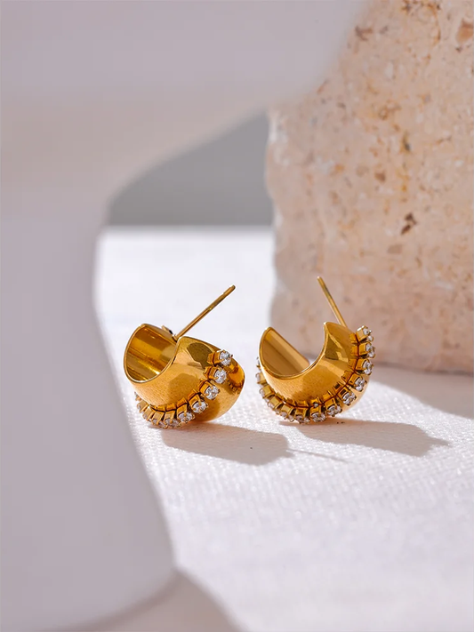 Shiny cubic zirconia c shape huggie earrings - product image