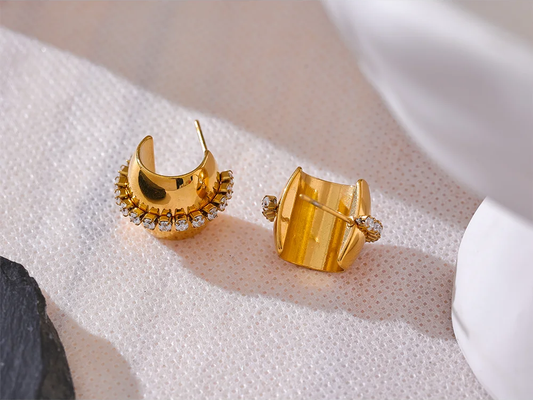 Shiny cubic zirconia c shape huggie earrings - product image