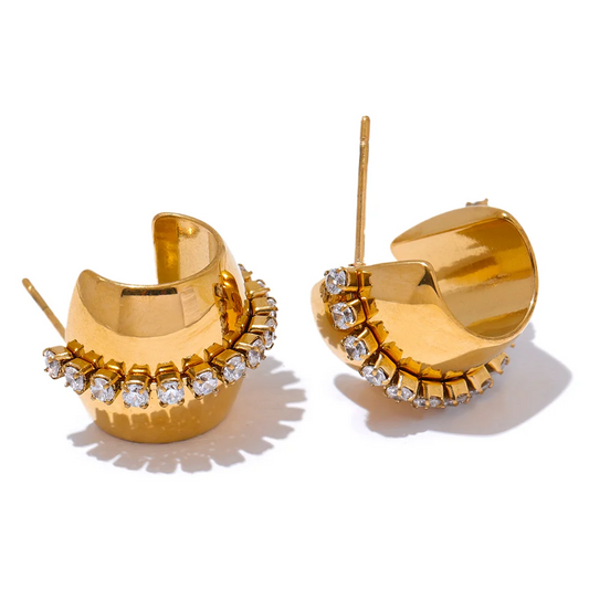 Shiny cubic zirconia c shape huggie earrings - product image
