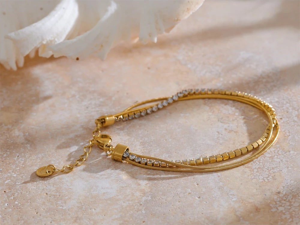 Shiny cubic zirconia layered chain stacking bracelet women - product image