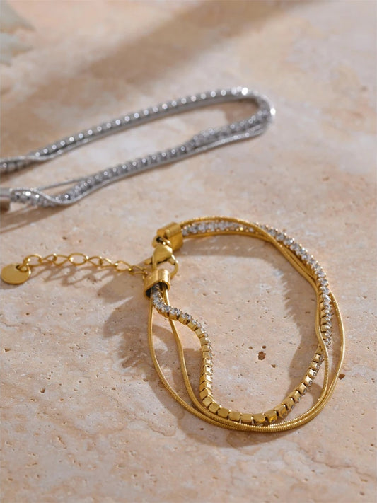 Shiny cubic zirconia layered chain stacking bracelet women - product image