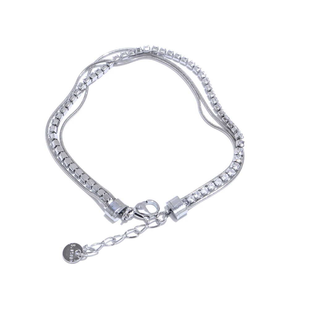 Shiny cubic zirconia layered chain stacking bracelet women - product image