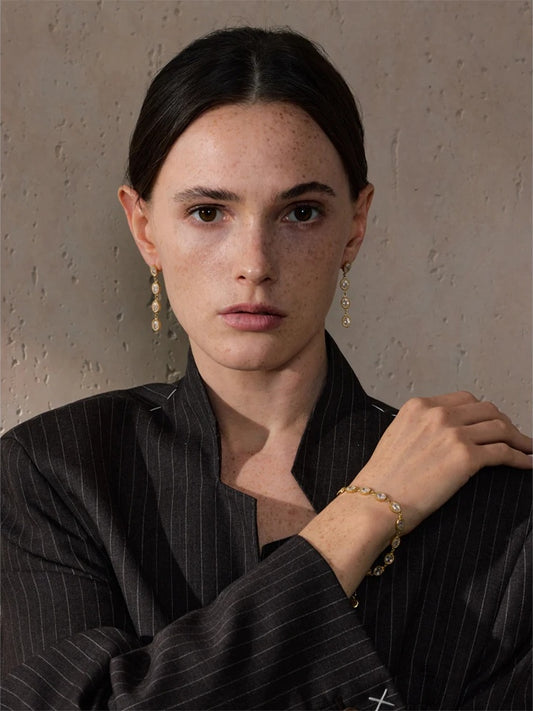 Shiny cubic zirconia round chain bracelet earrings set - product image