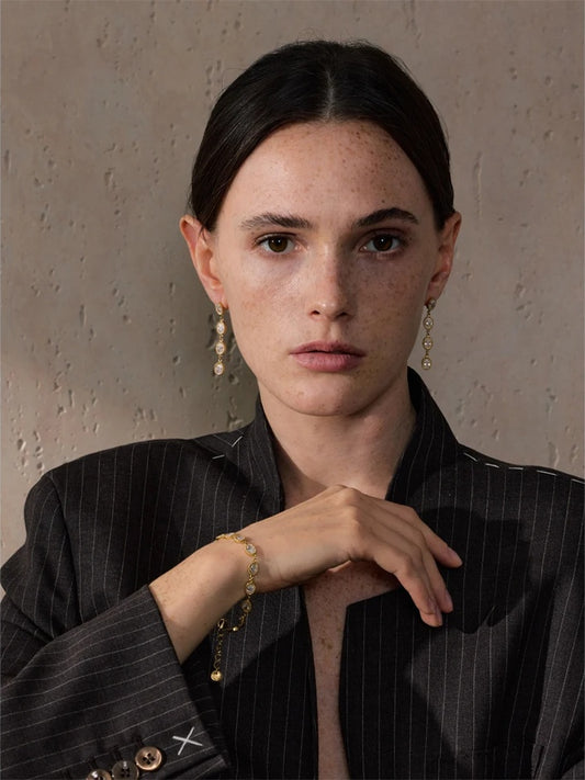Shiny cubic zirconia round chain bracelet earrings set - product image