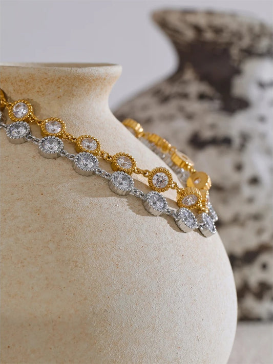 Shiny cubic zirconia round chain bracelet earrings set - product image