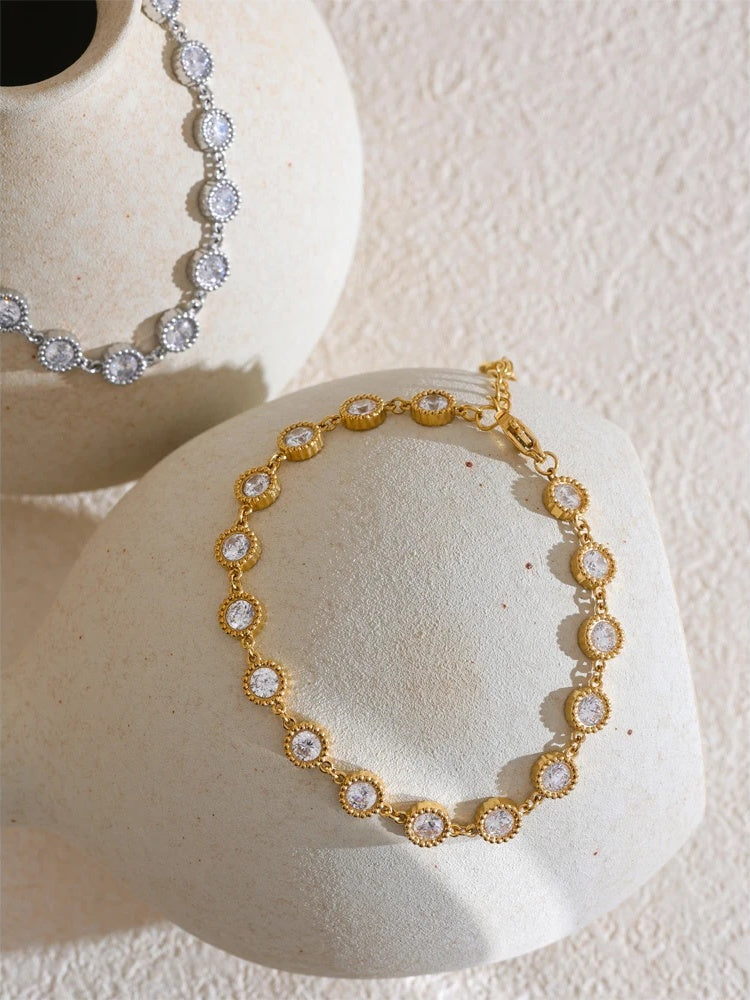 Shiny cubic zirconia round chain bracelet earrings set - product image