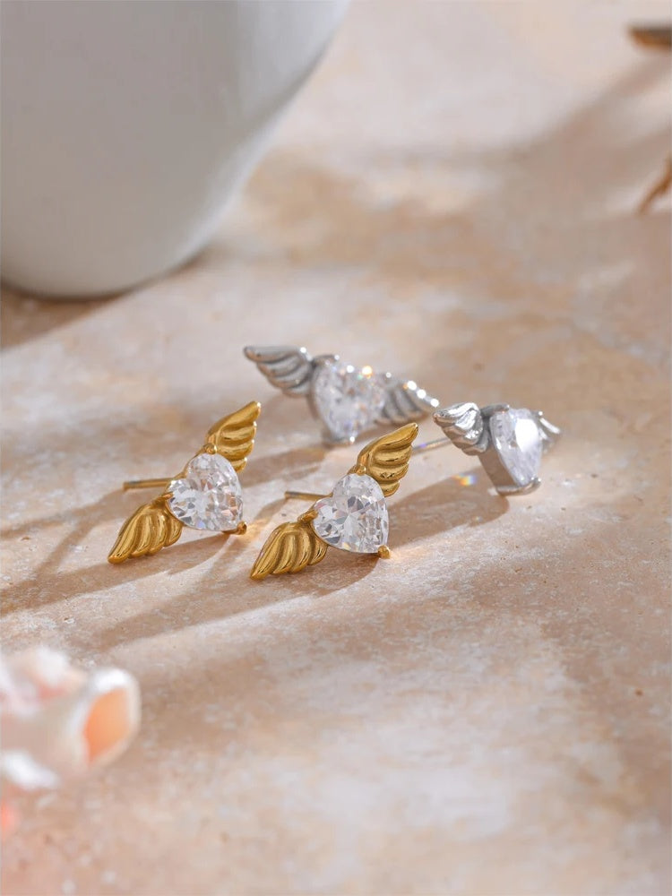 Shiny cubic zirconia wing stud earrings fashion - product image