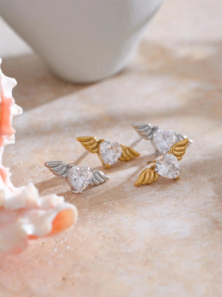 Shiny cubic zirconia wing stud earrings fashion - product image
