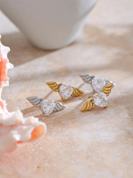 Shiny cubic zirconia wing stud earrings fashion - product image