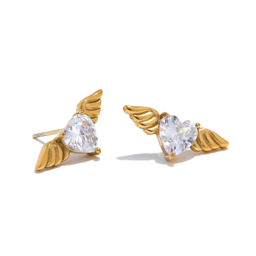 Shiny cubic zirconia wing stud earrings fashion - product image