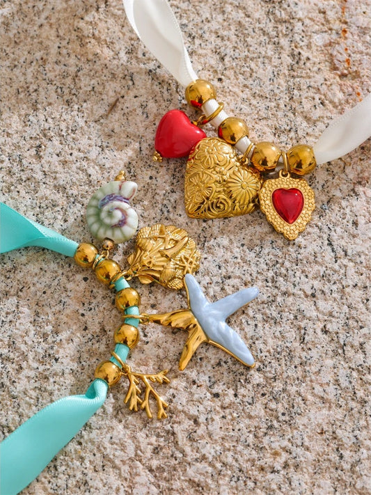 Shoelace heart starfish shell charm pendant - product image