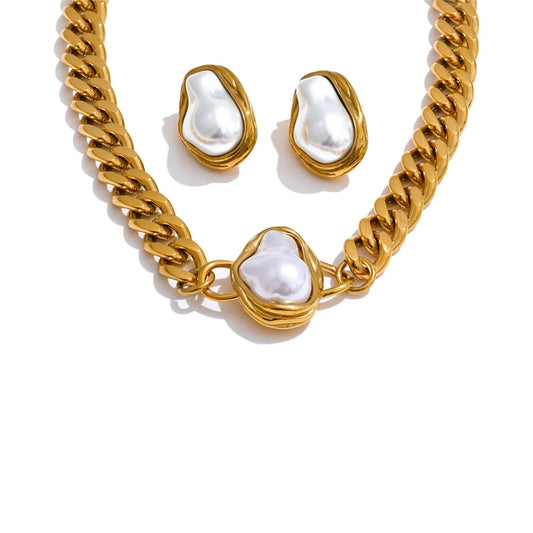 Simulated pearl baroque cuban chain necklace earrings set - product image