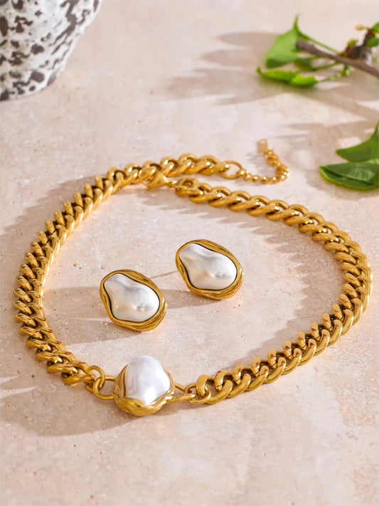 Simulated pearl baroque cuban chain necklace earrings set - product image