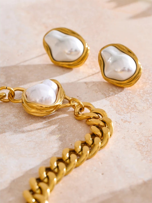 Simulated pearl baroque cuban chain necklace earrings set - product image