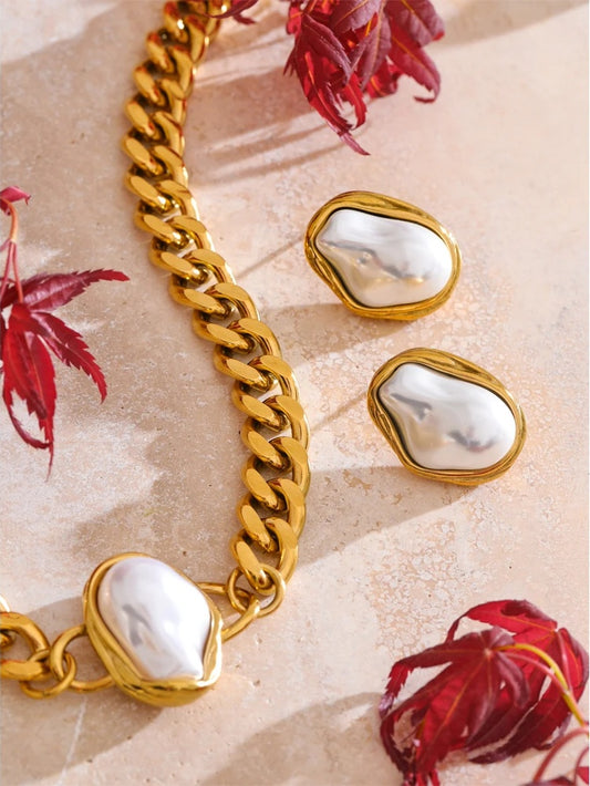 Simulated pearl baroque cuban chain necklace earrings set - product image