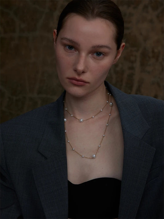 Simulated pearl beads long chain sweater necklace - product image