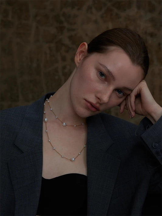 Simulated pearl beads long chain sweater necklace - product image