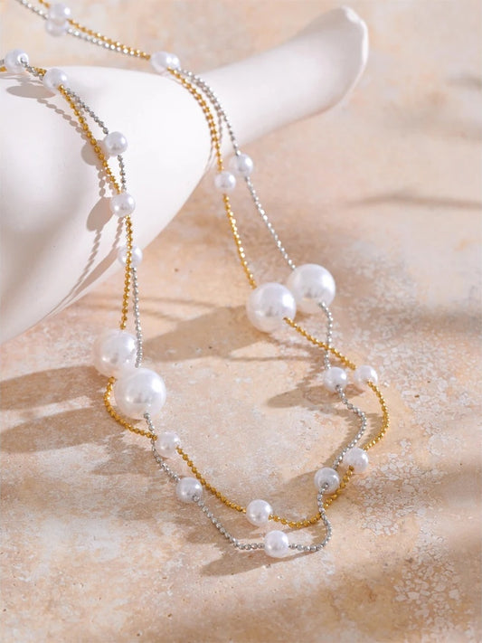 Simulated pearl beads long chain sweater necklace - product image