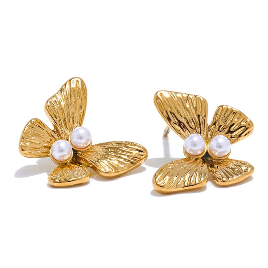 Simulated pearl butterfly push-back stud earrings - product image