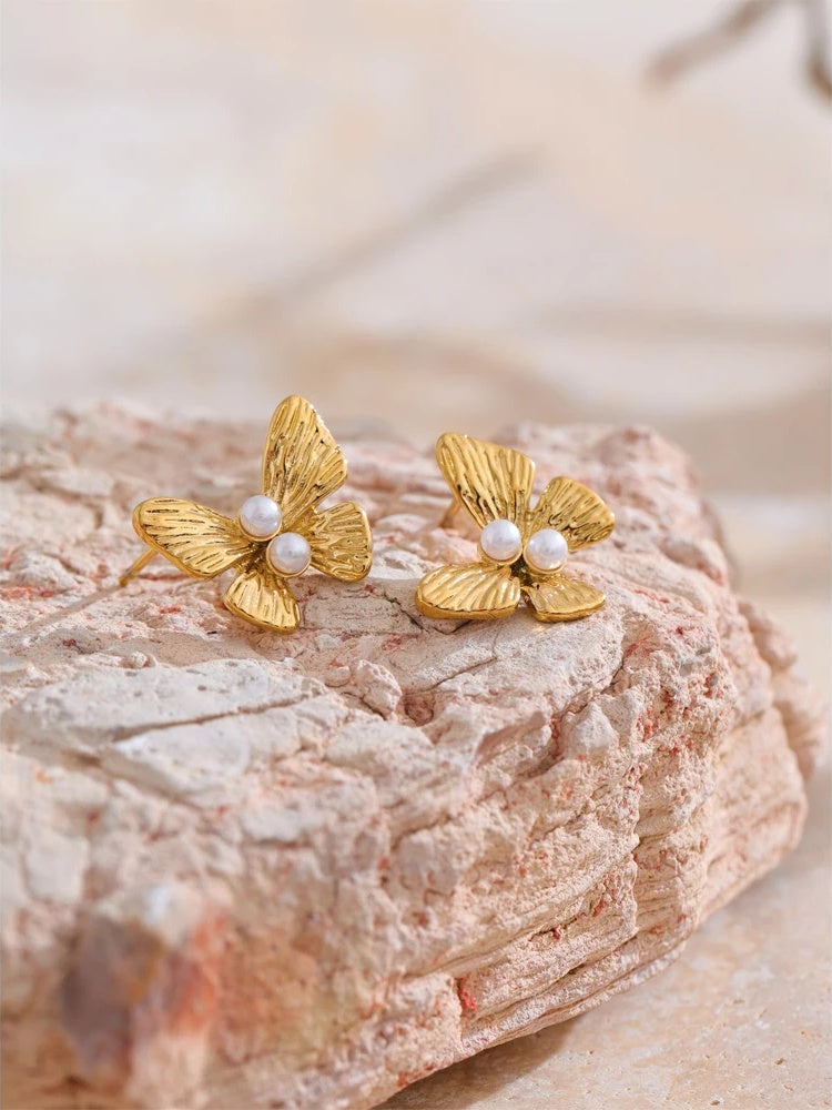 Simulated pearl butterfly push-back stud earrings - product image