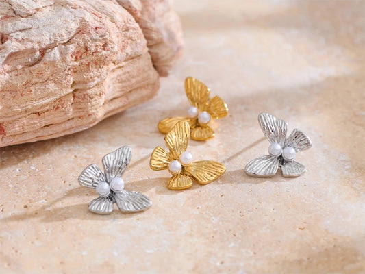 Simulated pearl butterfly push-back stud earrings - product image
